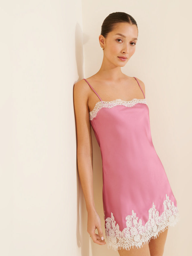 Pink satin mini homecoming dress with spaghetti straps and lace hem