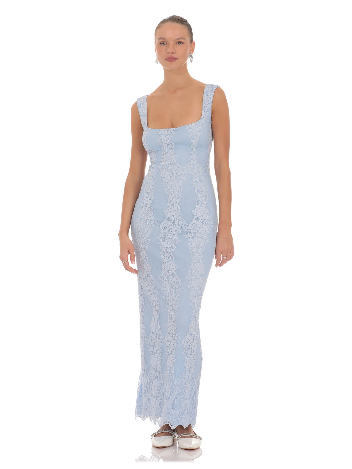 Light Blue bridesmaid dress with a-line silhouette and maxi length