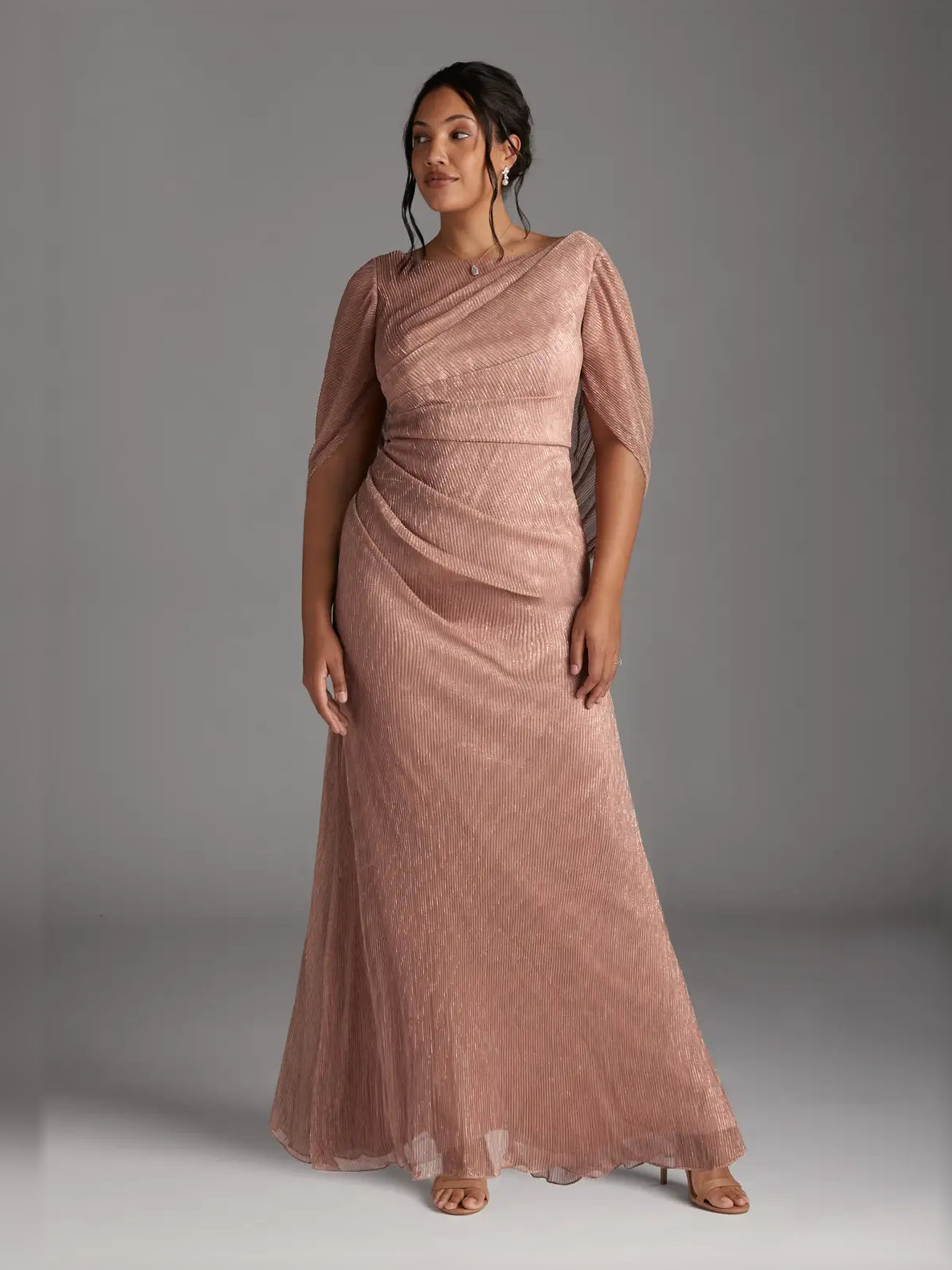 Rose-gold ruched scoop-neck sheath maxi dress with draped waist and sheer sleeves