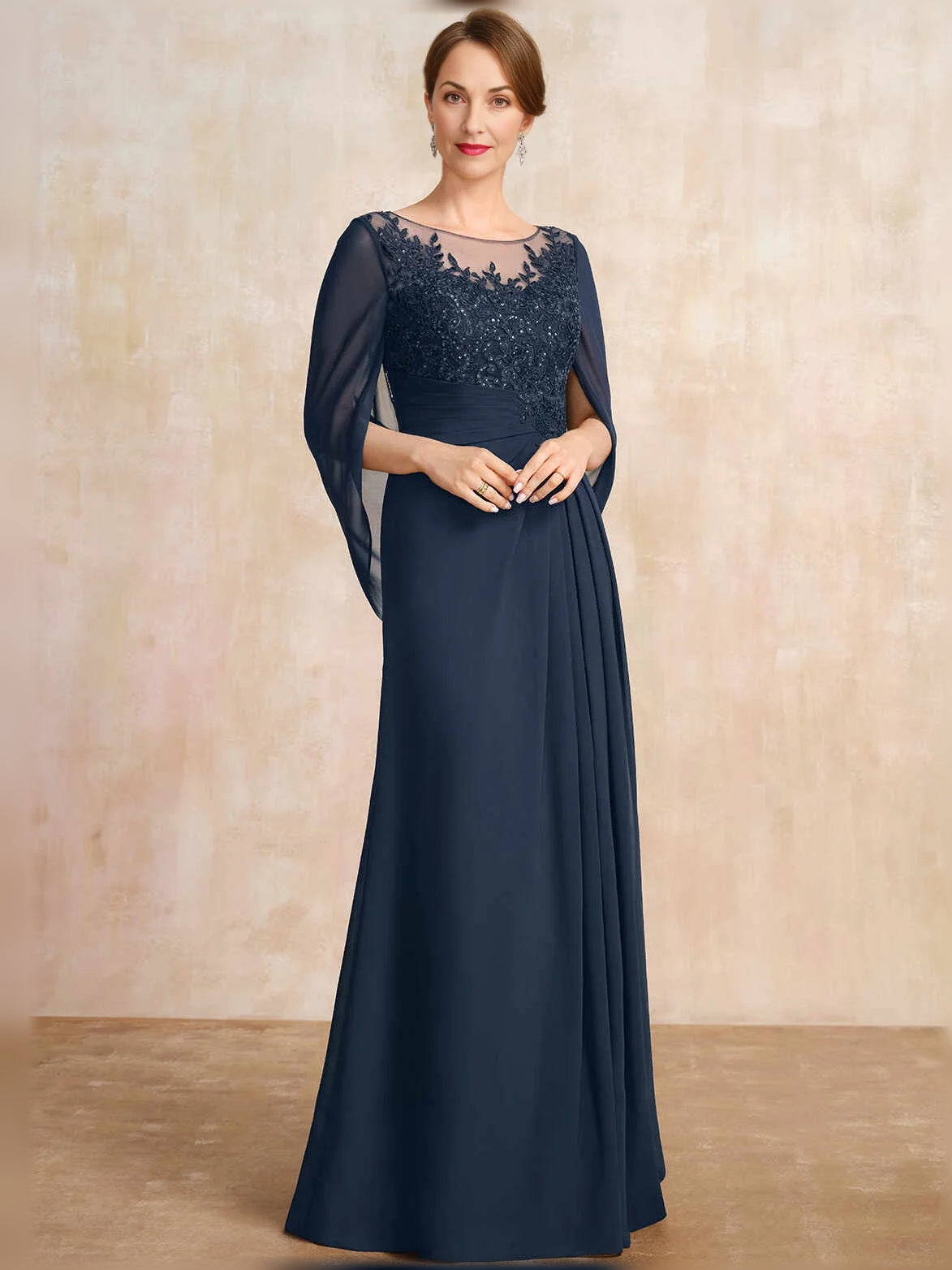 Dark blue chiffon A-line dress with illusion neckline, beaded lace bodice, draped sleeves