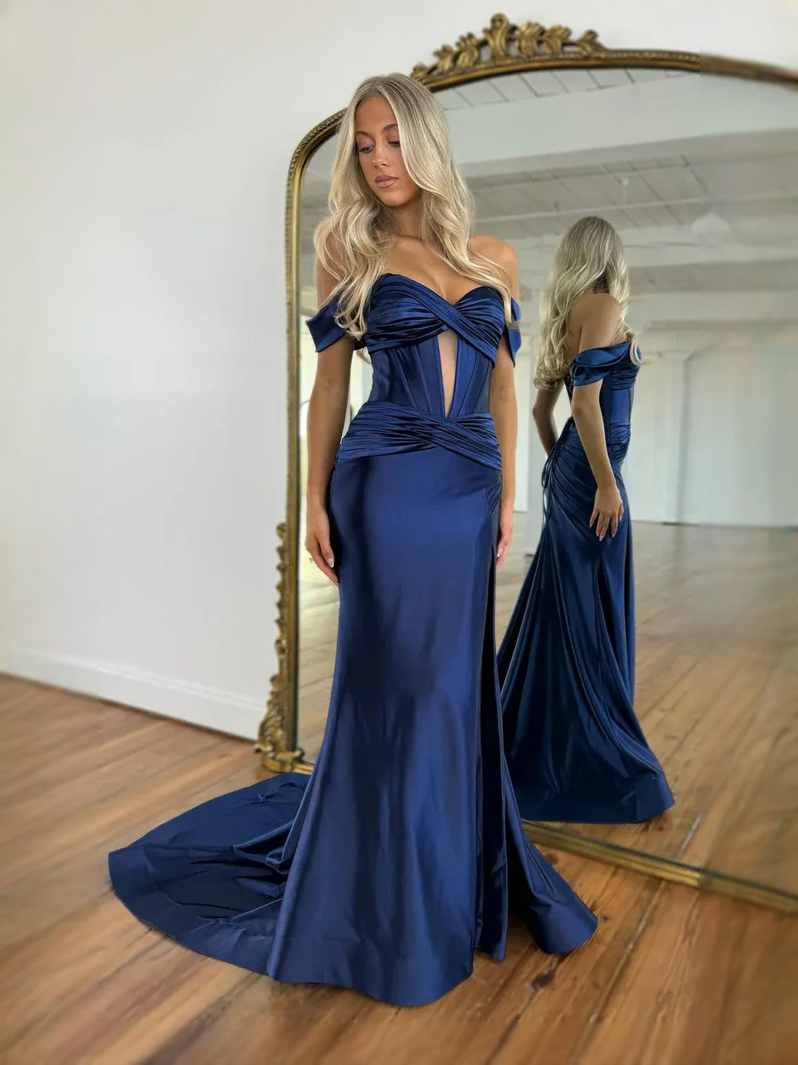 Navy off-shoulder mermaid satin prom dress with draped pleated waist, floor-length