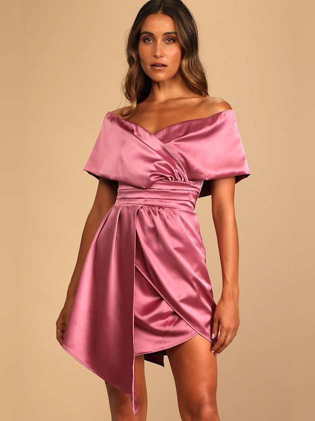 Mauve satin off-shoulder mini dress with draped wrap detail and cinched waist