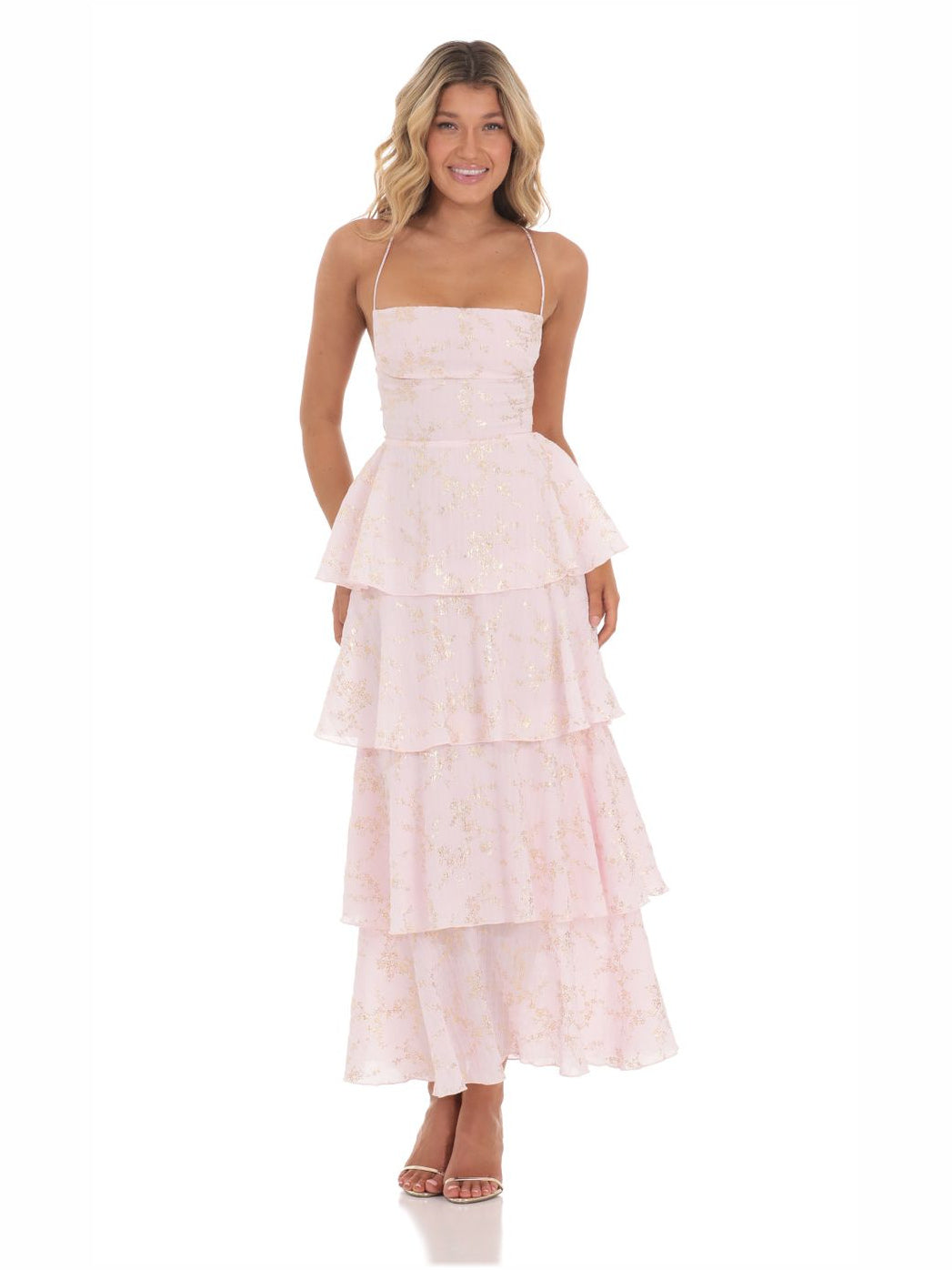 Pink a-line midi formal dress with square neckline, full-length front view