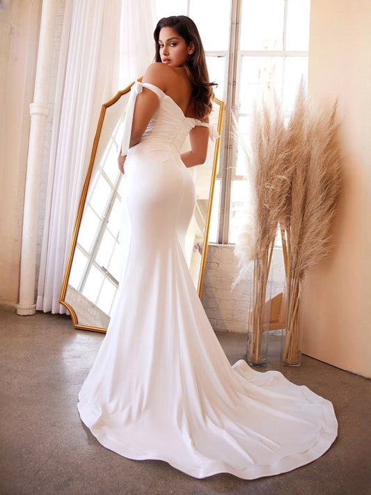 Ivory off-shoulder A-line wedding dress with front slit and bow straps, floor length