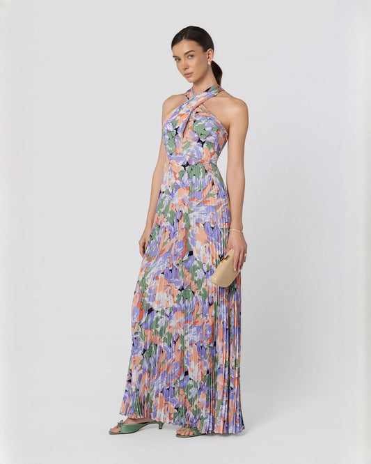 Multicolor floral halter neck chiffon maxi A-line dress, front view