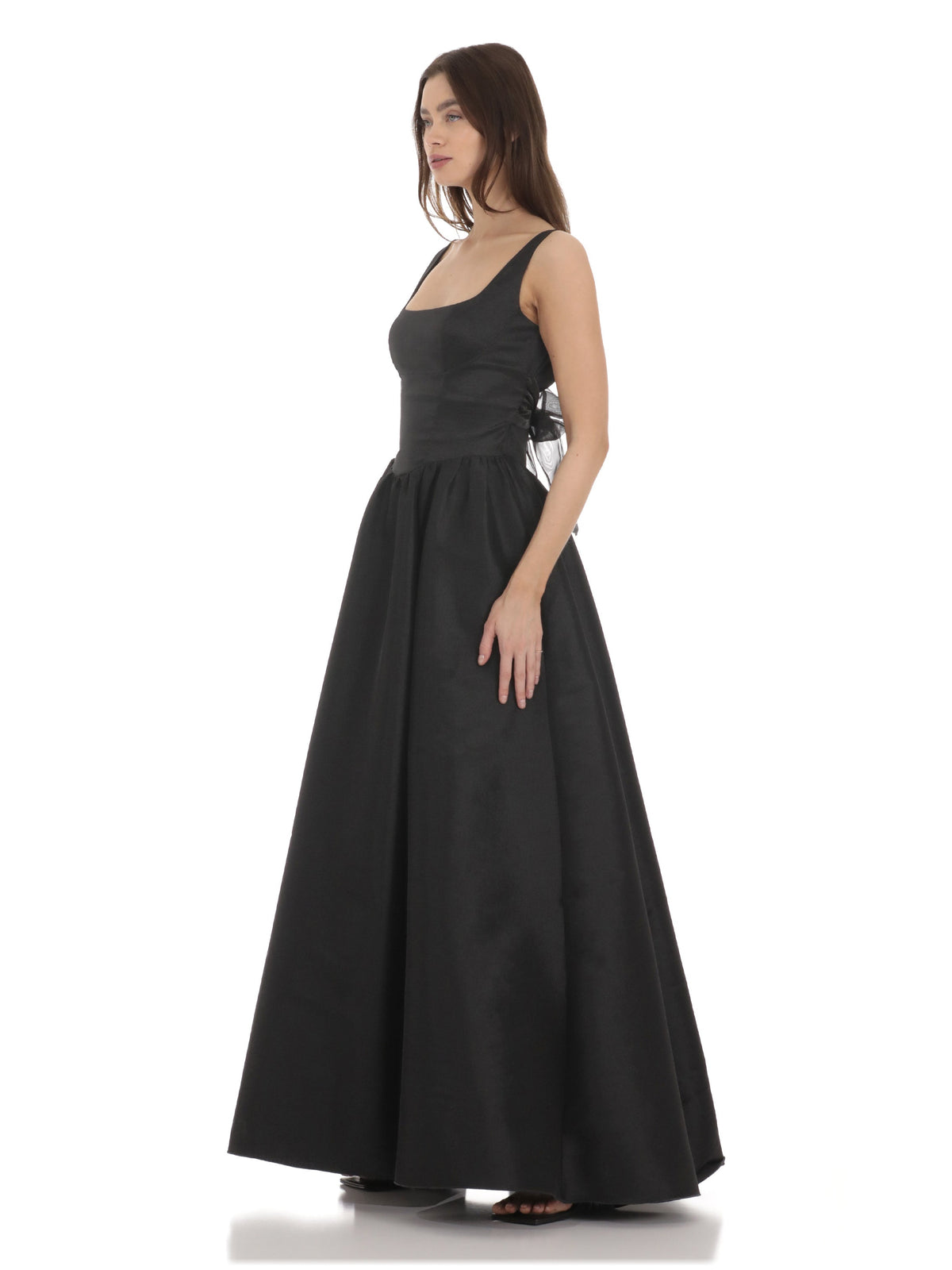 Black bridesmaid dress with a-line silhouette and floor-length length