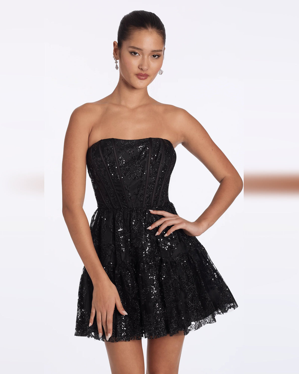 Black strapless embellished fit-and-flare homecoming dress with glittery bodice and tulle skirt