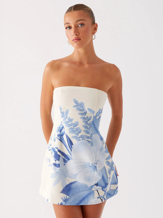 Blue floral strapless mini homecoming dress with cinched waist and A-line skirt