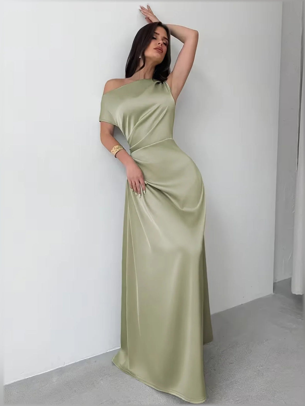 Olive green one-shoulder cutout sheath formal dress with draped front