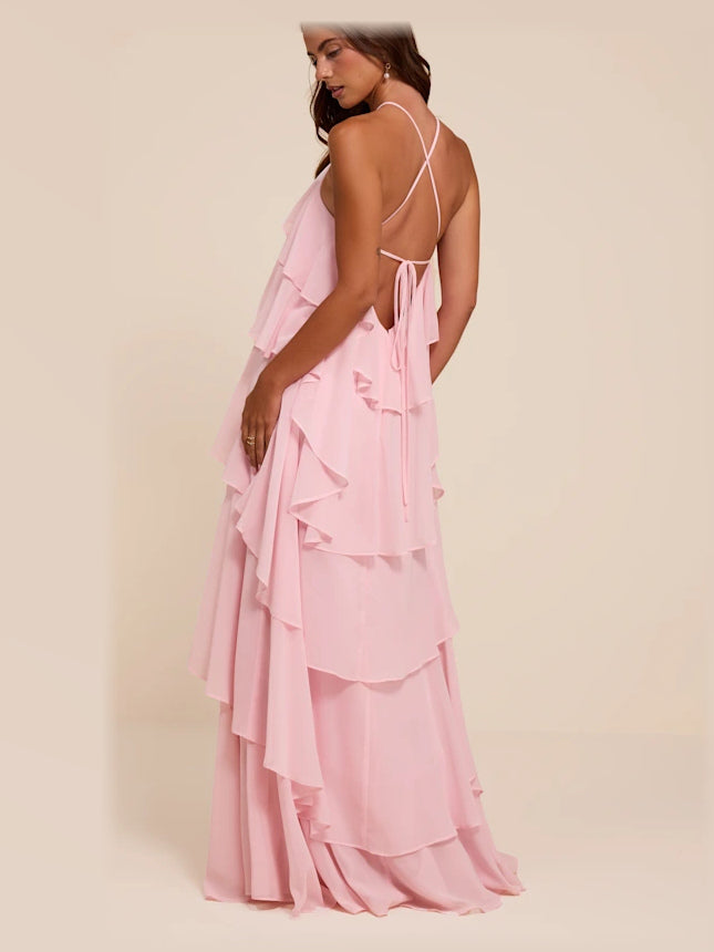 Light Pink formal dress with a-line silhouette and maxi length