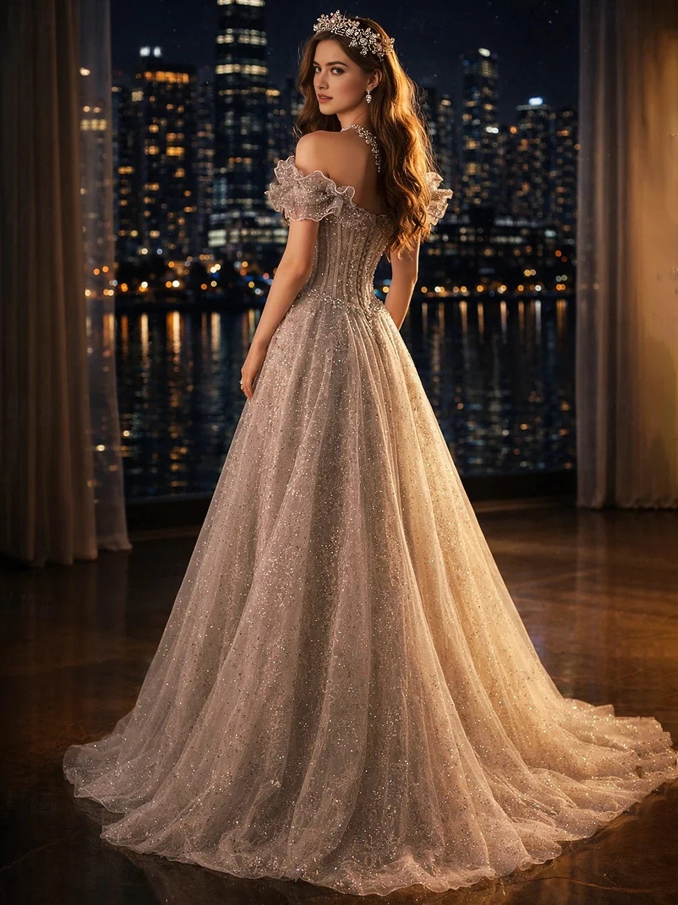 Light gray corset prom dress with off-shoulder ruffled sleeves, A-line tulle skirt