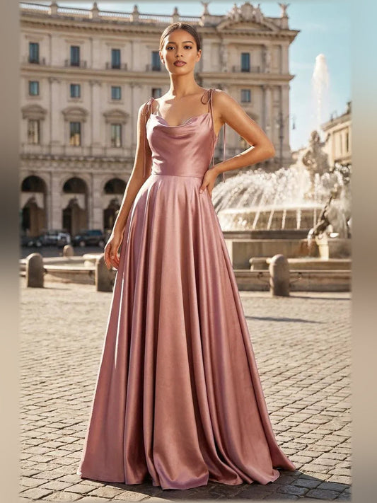 Dusty rose cowl-neck A-line formal dress with open back, sleeveless, floor length