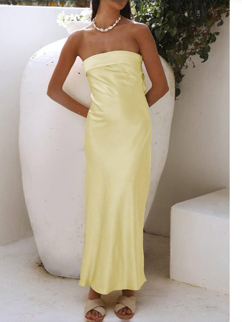 Pale Yellow sheath maxi formal dress with strapless neckline, full-length front view