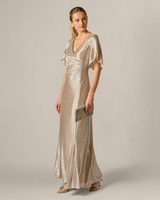 Champagne A-line maxi dress with V-neck and flutter short sleeves