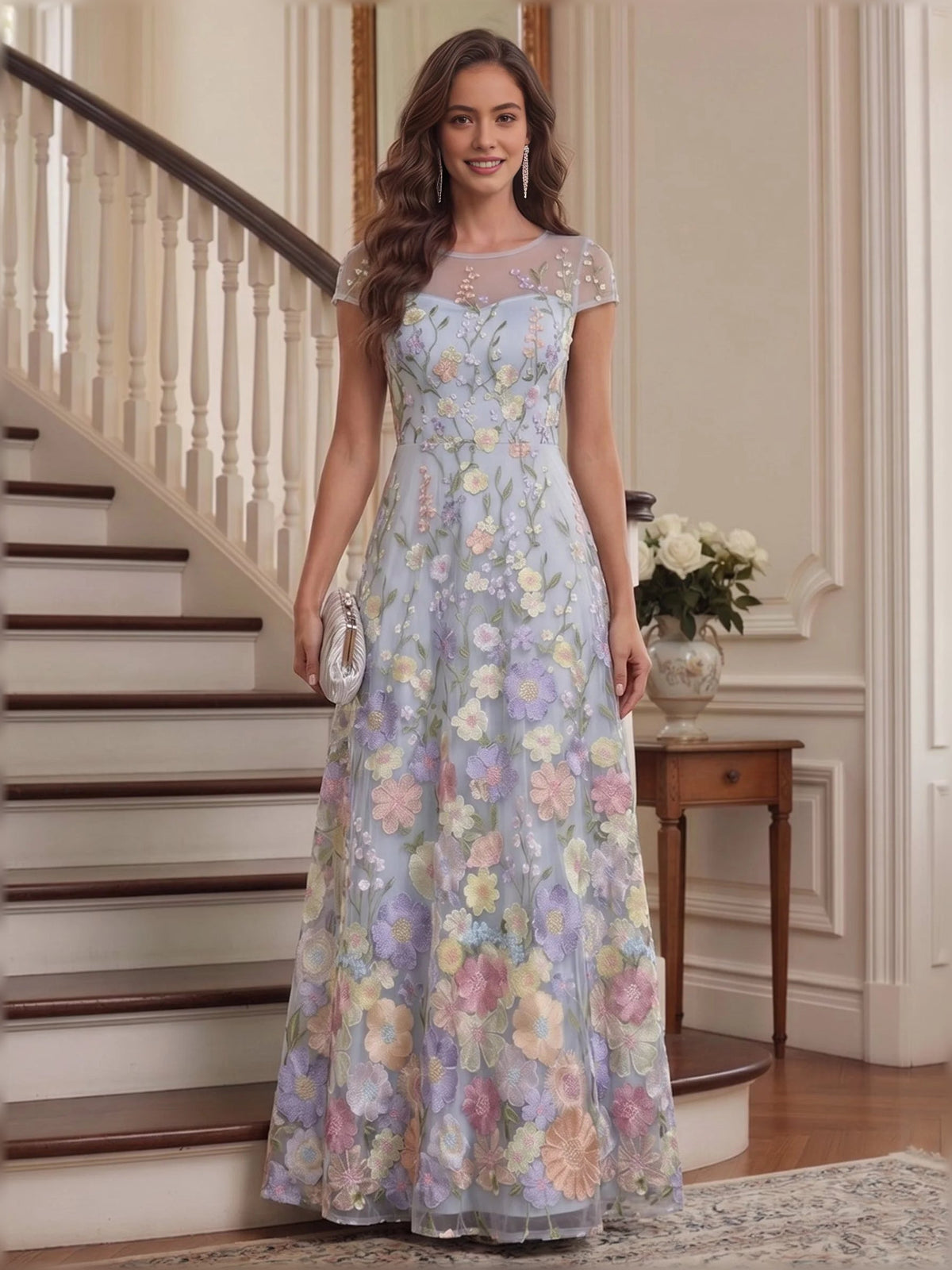 Dusty blue embroidered floral cap-sleeve A-line tulle floor-length mother-of-the-bride dress