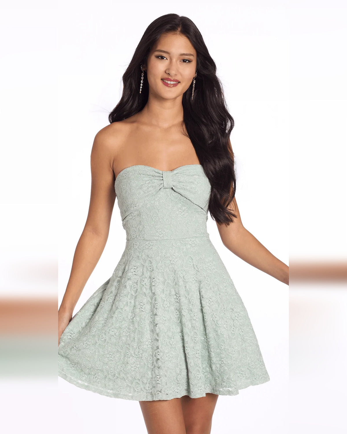 Sage strapless fit-and-flare homecoming dress with lace texture and bow detail