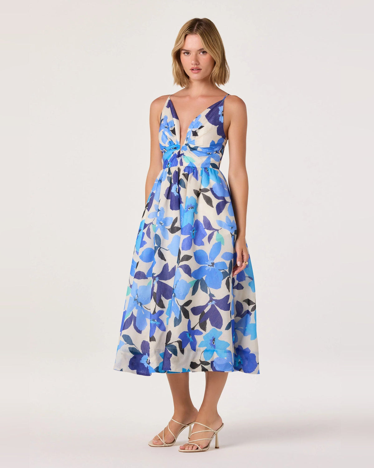 Blue floral spaghetti-strap A-line midi dress with V-neck, cinched waist and full skirt