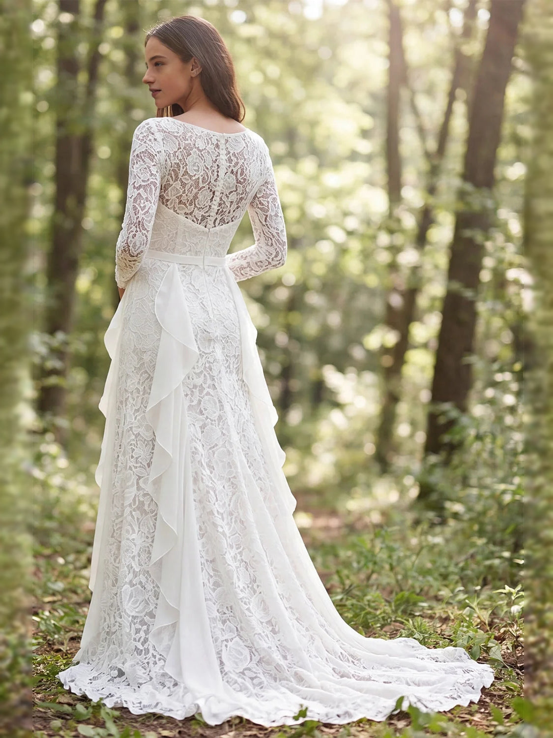 Ivory lace A-line wedding dress with bateau neck, long sleeves, layered chiffon ruffles and slit