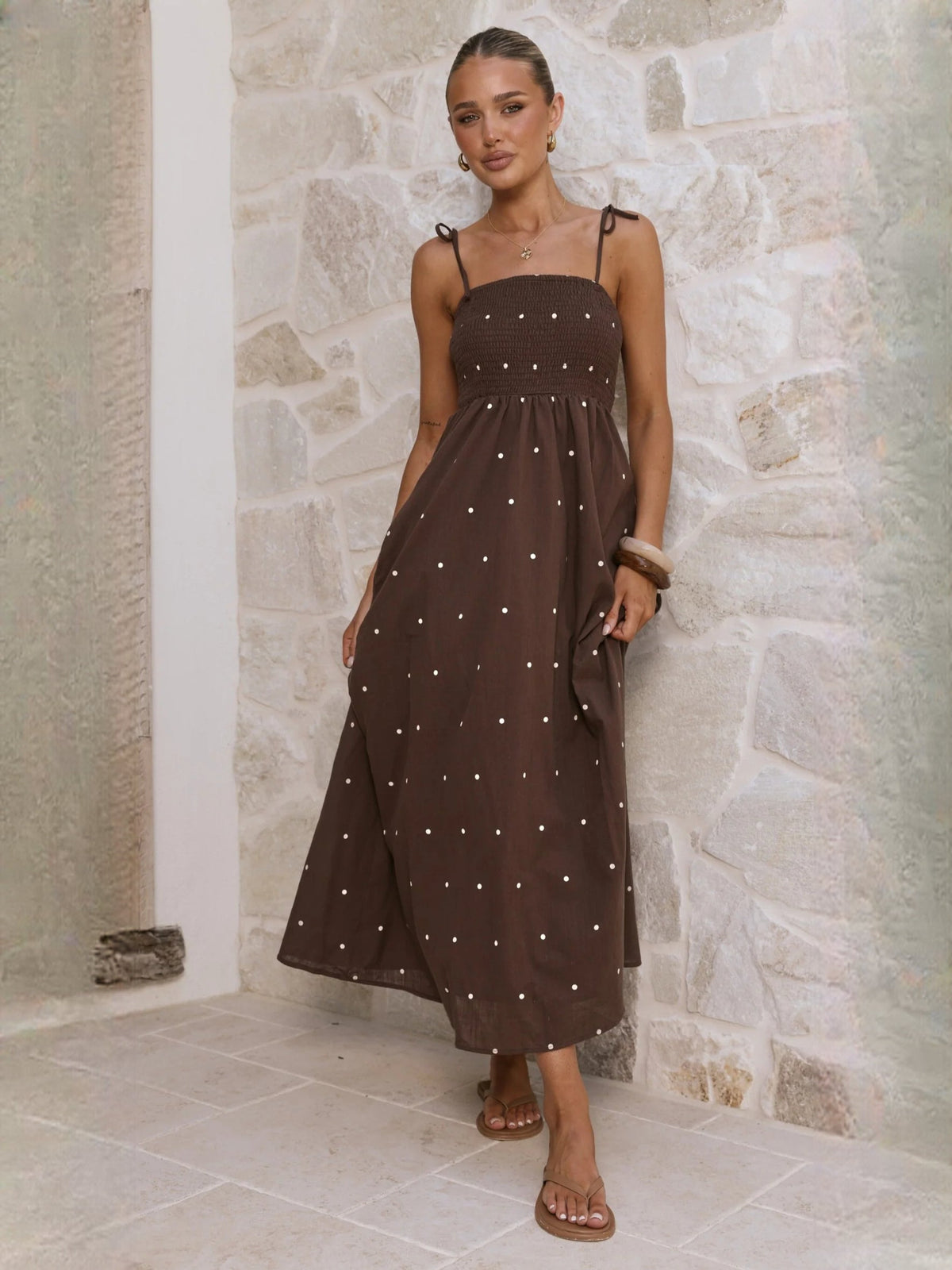Chocolate a-line maxi formal dress with printed pattern, full-length front view