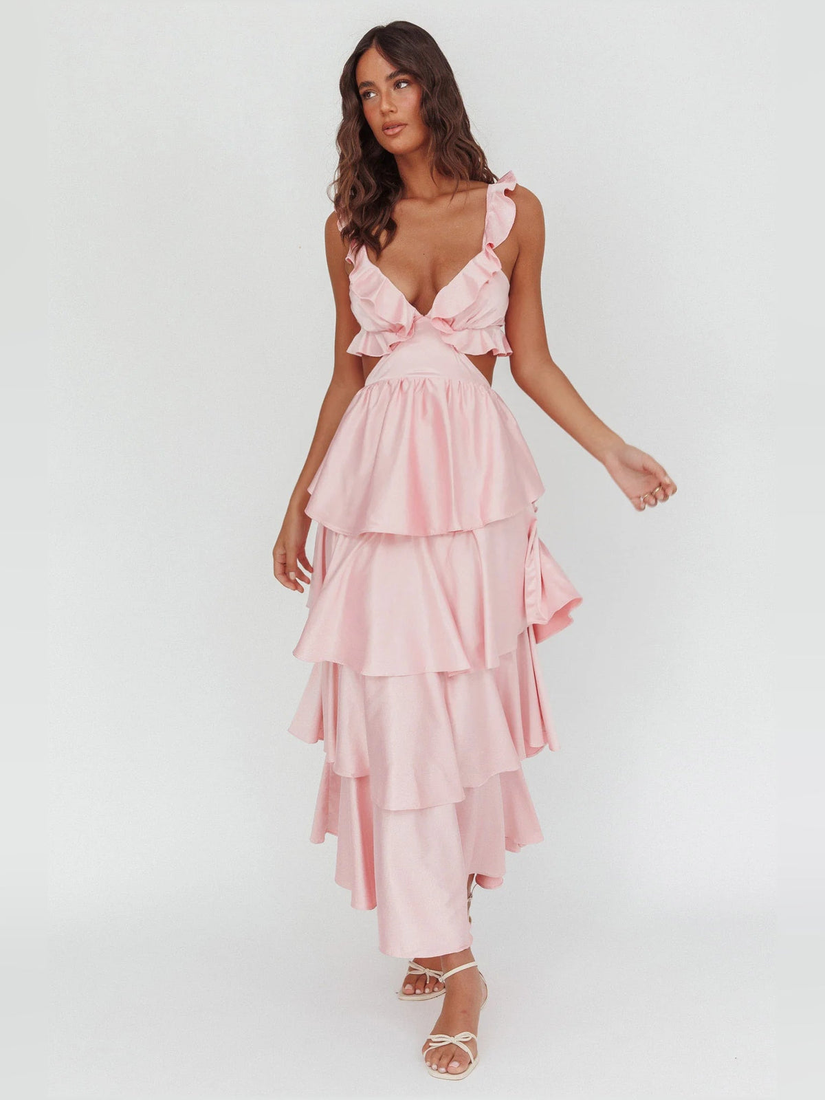 Pink V-neck tiered ruffle maxi dress with flutter shoulder straps