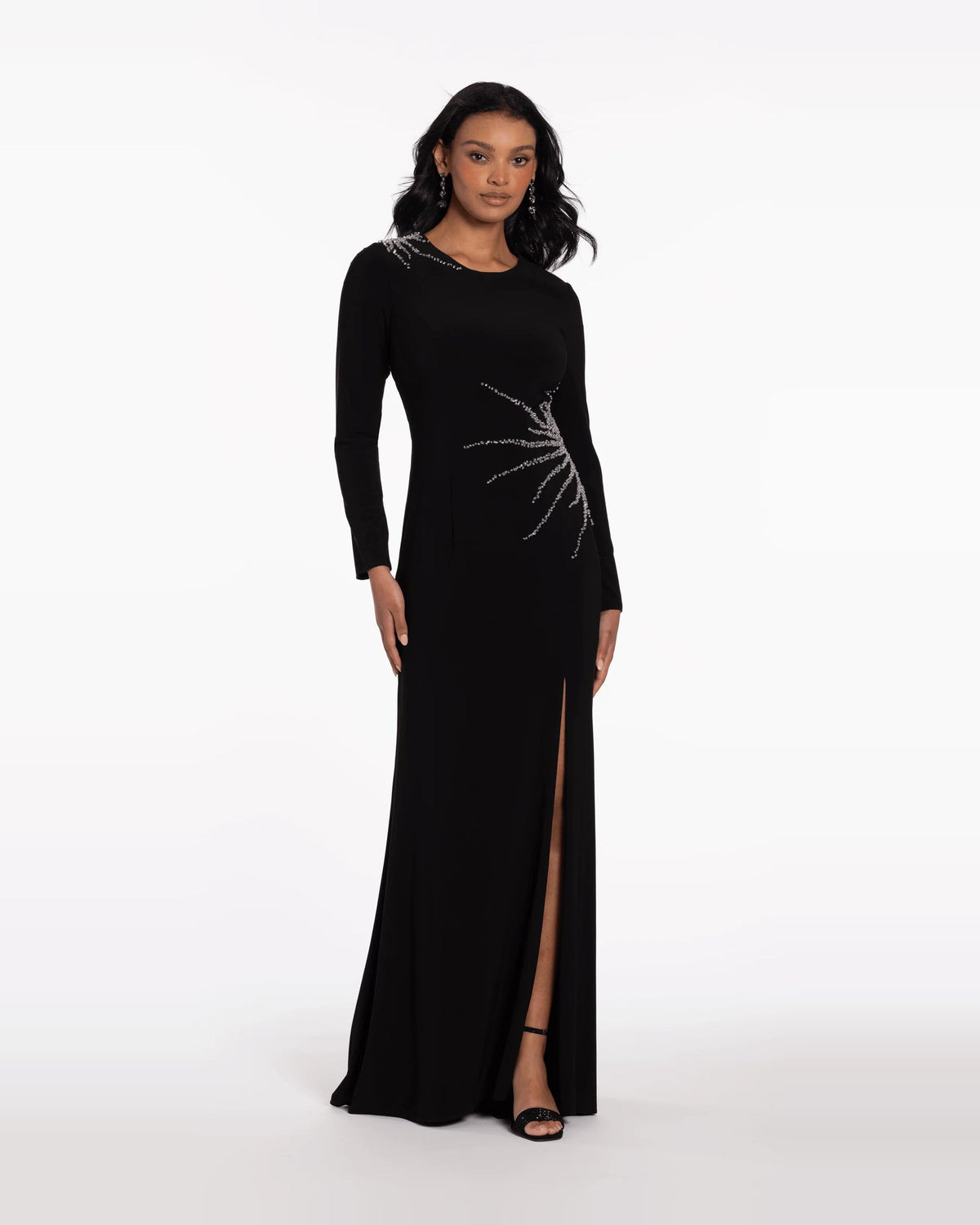 Black beaded jewel-neck column maxi prom dress with long sleeves and side slit