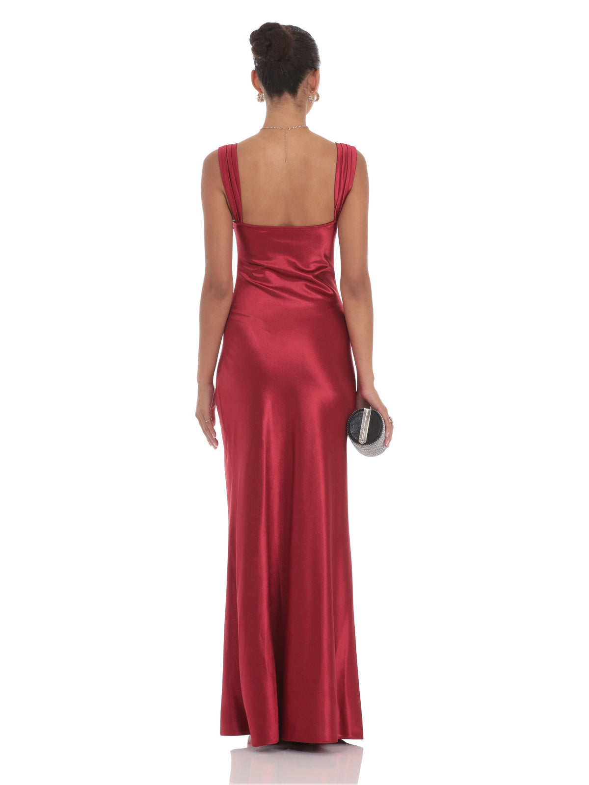 Red satin A-line maxi dress with thin straps, open scoop back