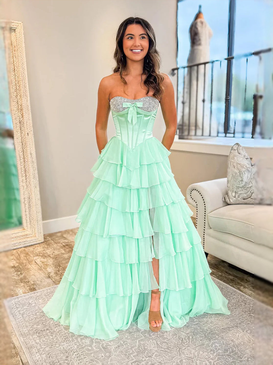 Mint green pleated corset sweetheart A-line maxi dress with tiered ruffle skirt