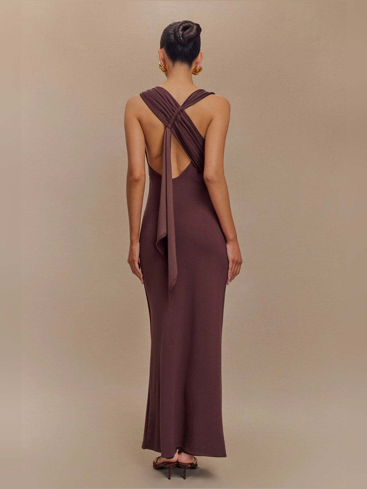 Brown asymmetrical scuba jersey midi dress, crossed open-back drape detail