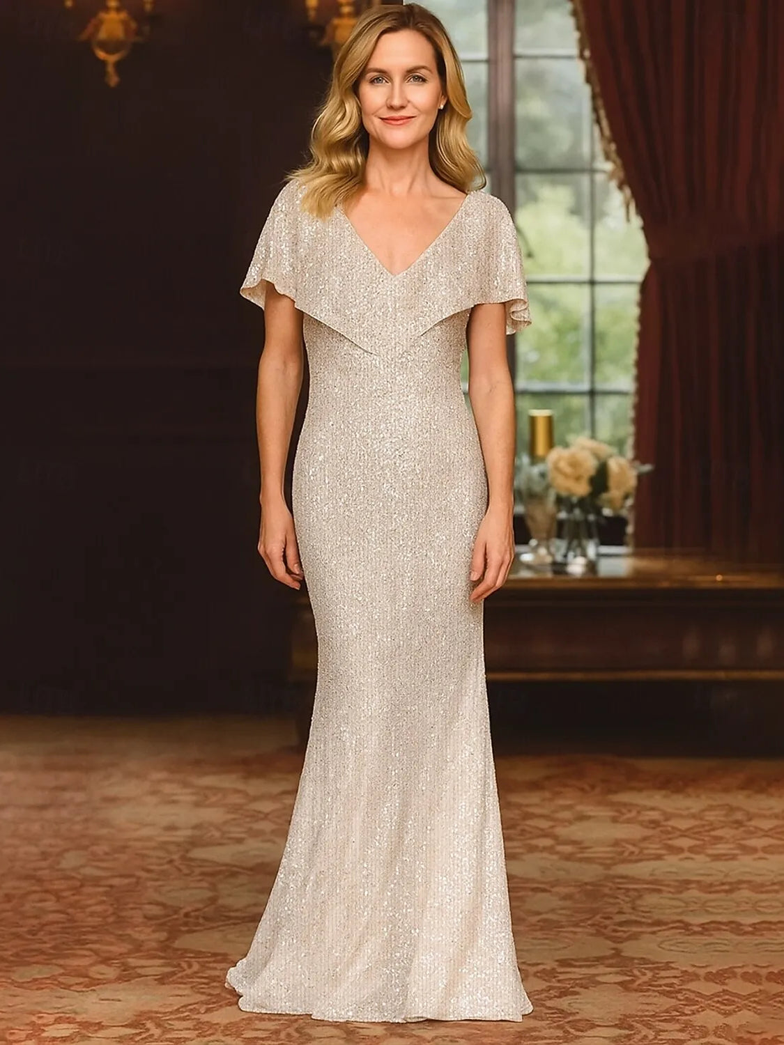 Champagne sequin V-neck sheath evening dress with short sleeves, floor-length