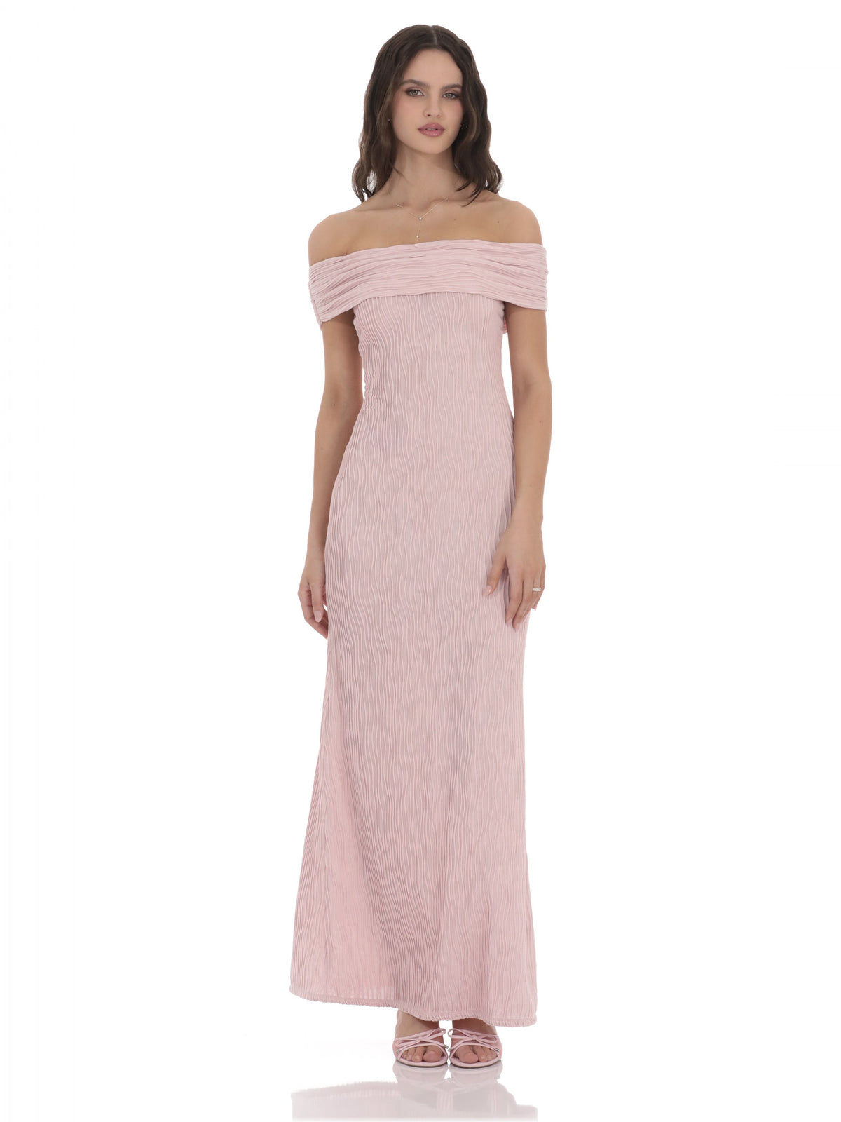 Blush Pink bridesmaid dress with a-line silhouette and maxi length