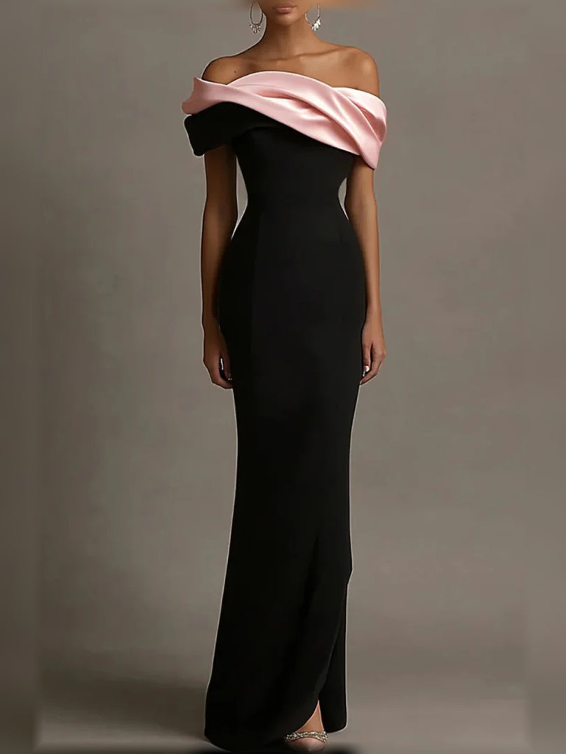 Black off-shoulder corset A-line formal maxi dress with pink satin drape