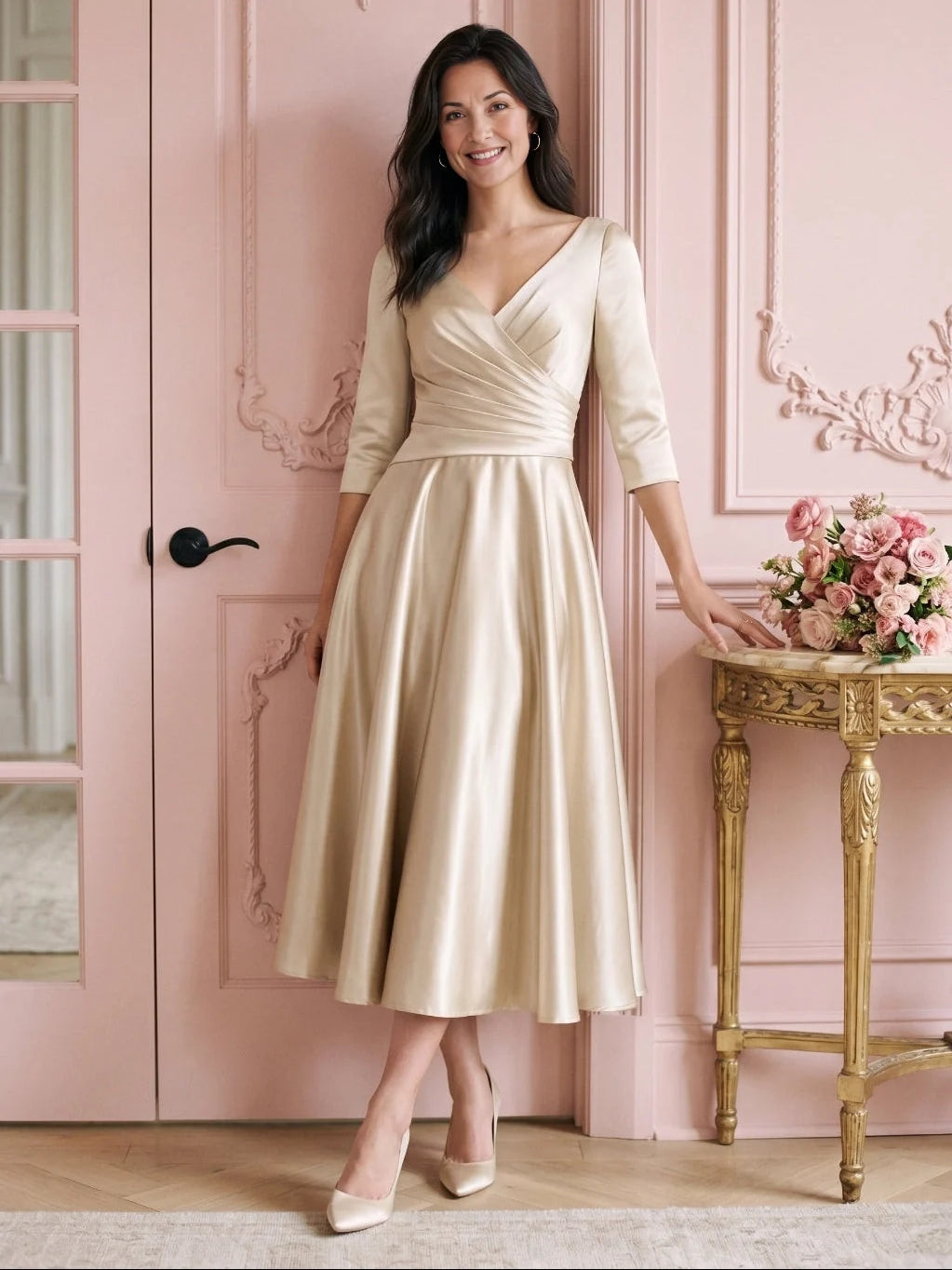 Ivory satin ruched V-neck A-line midi dress, 3/4 sleeves, draped bodice