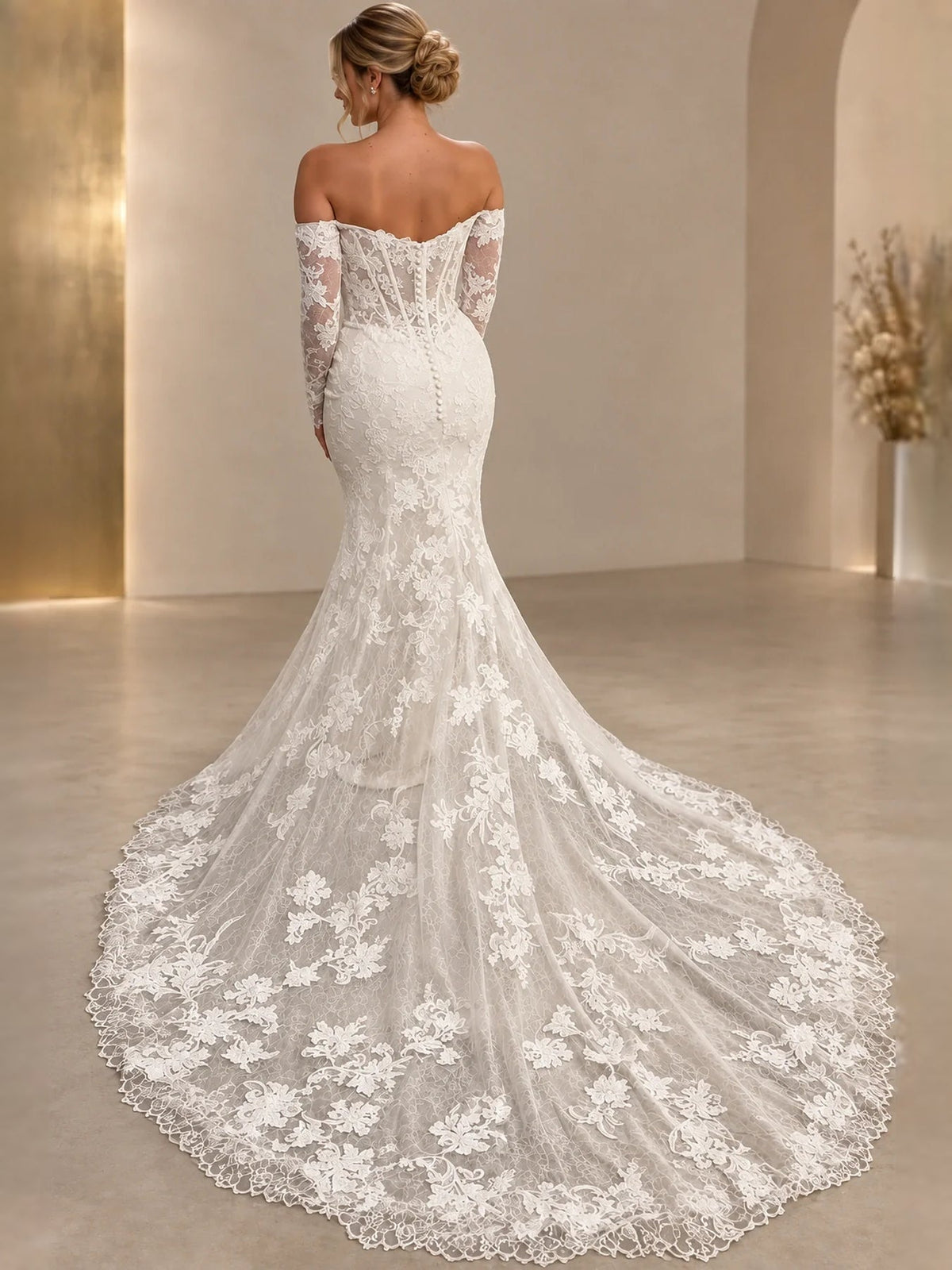 Ivory lace corset mermaid wedding dress with off-shoulder lace sleeves, lace back