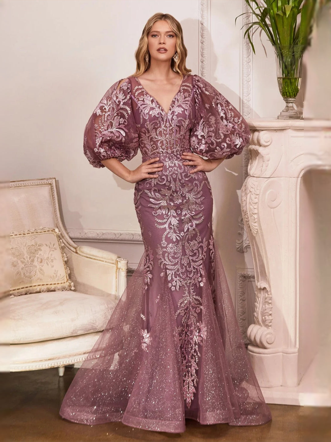 Vintage mauve embroidered glitter V-neck mermaid prom dress with tulle puff sleeves