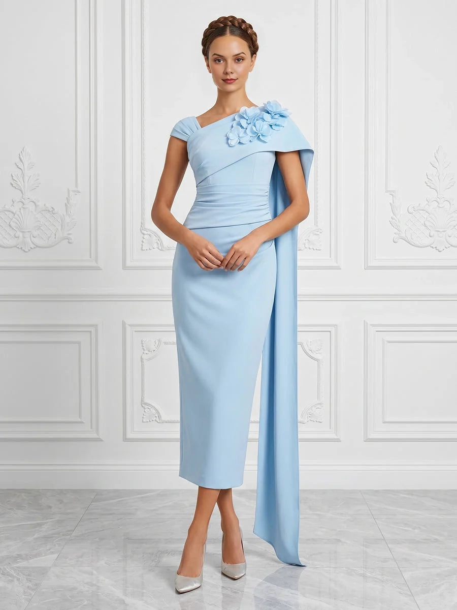 Baby blue one-shoulder midi sheath dress with ruched bodice and floral applique