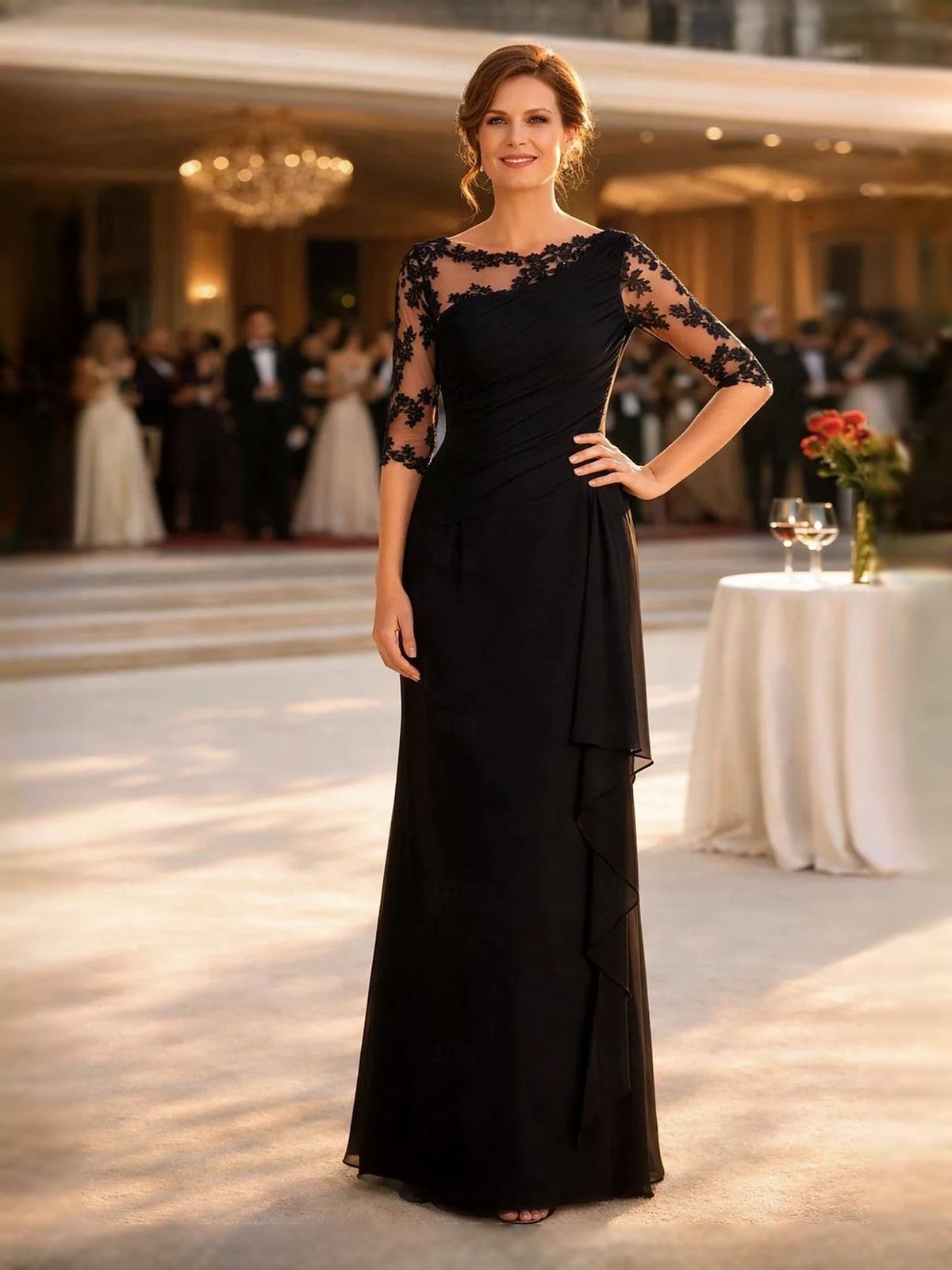 Black one-shoulder chiffon sheath dress with lace sleeves and ruched draped waist