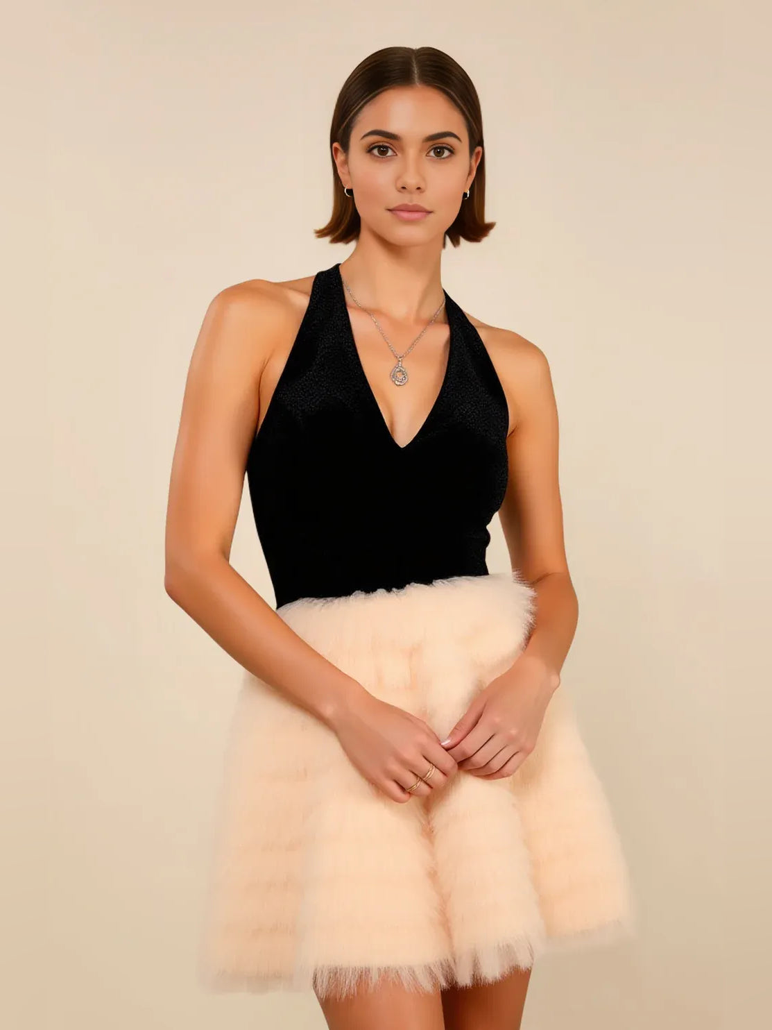Black sweetheart corset A-line short dress with white ruffled faux-fur skirt
