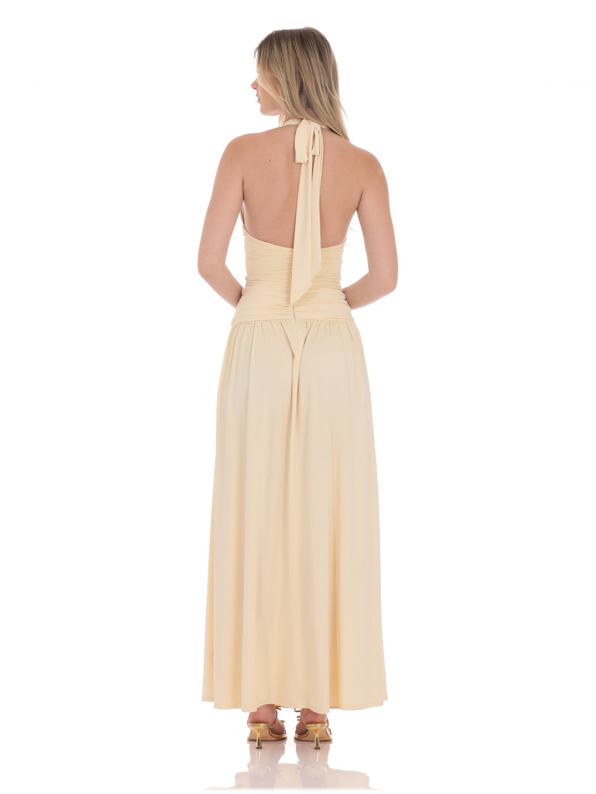 Beige bridesmaid dress with a-line silhouette and maxi length