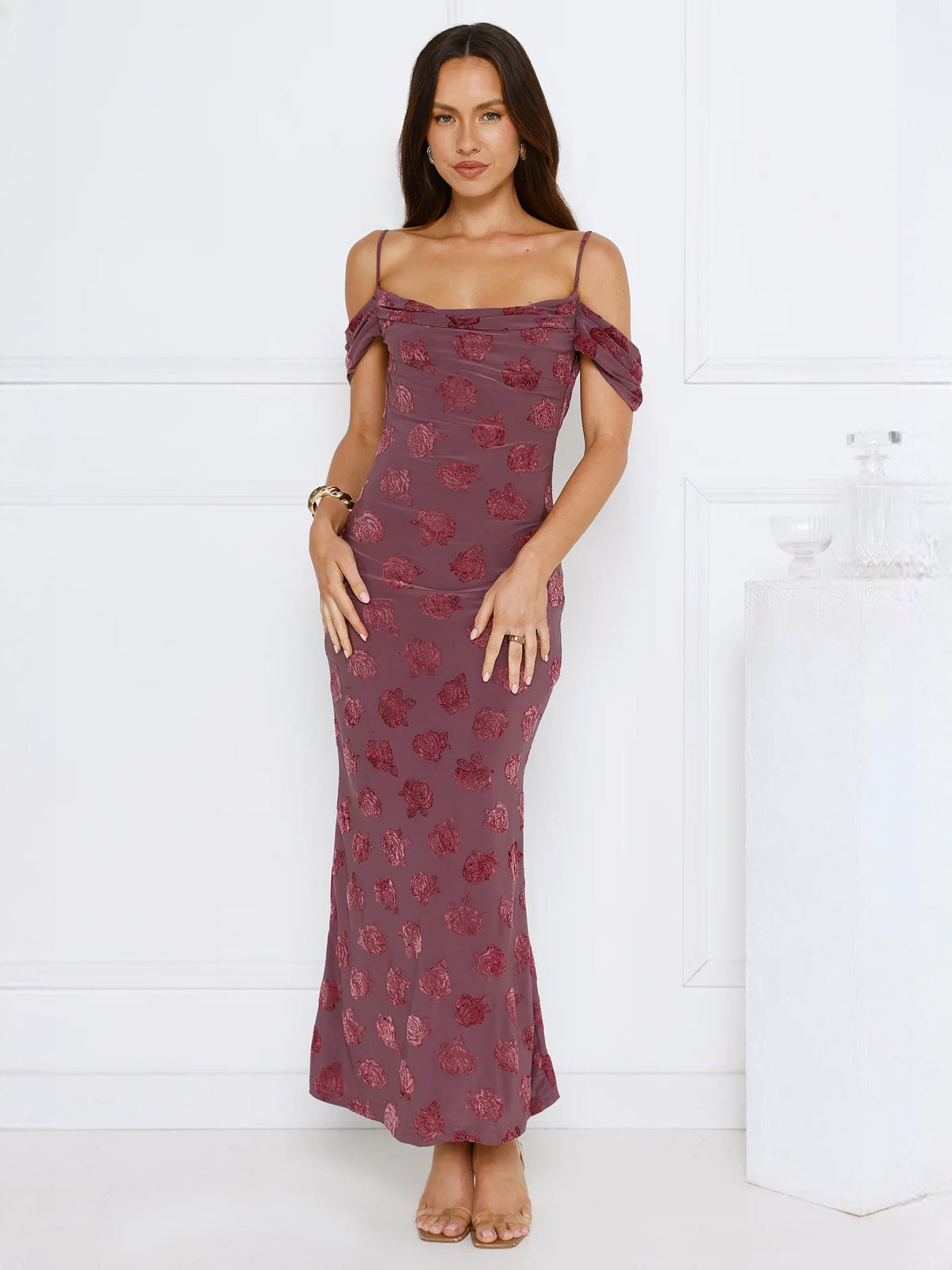 Off-shoulder maxi formal dress in maroon with floral print, spaghetti straps