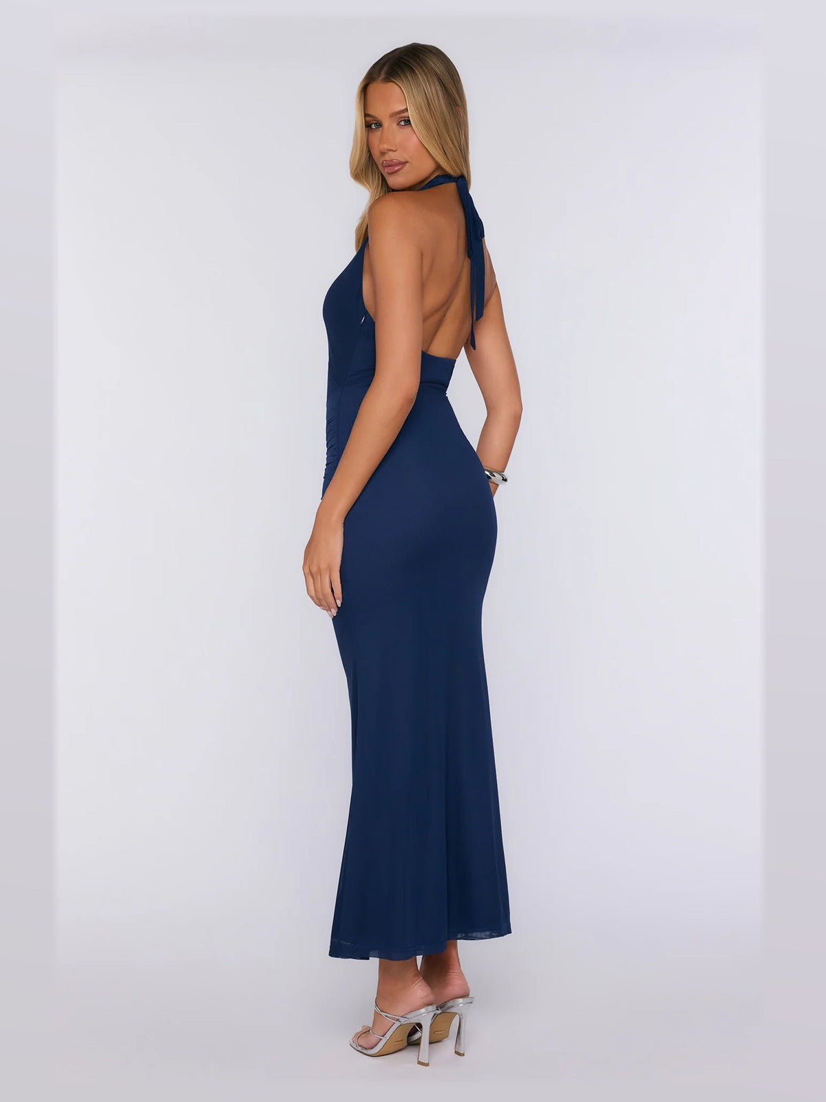 Navy formal dress with a-line silhouette and maxi length