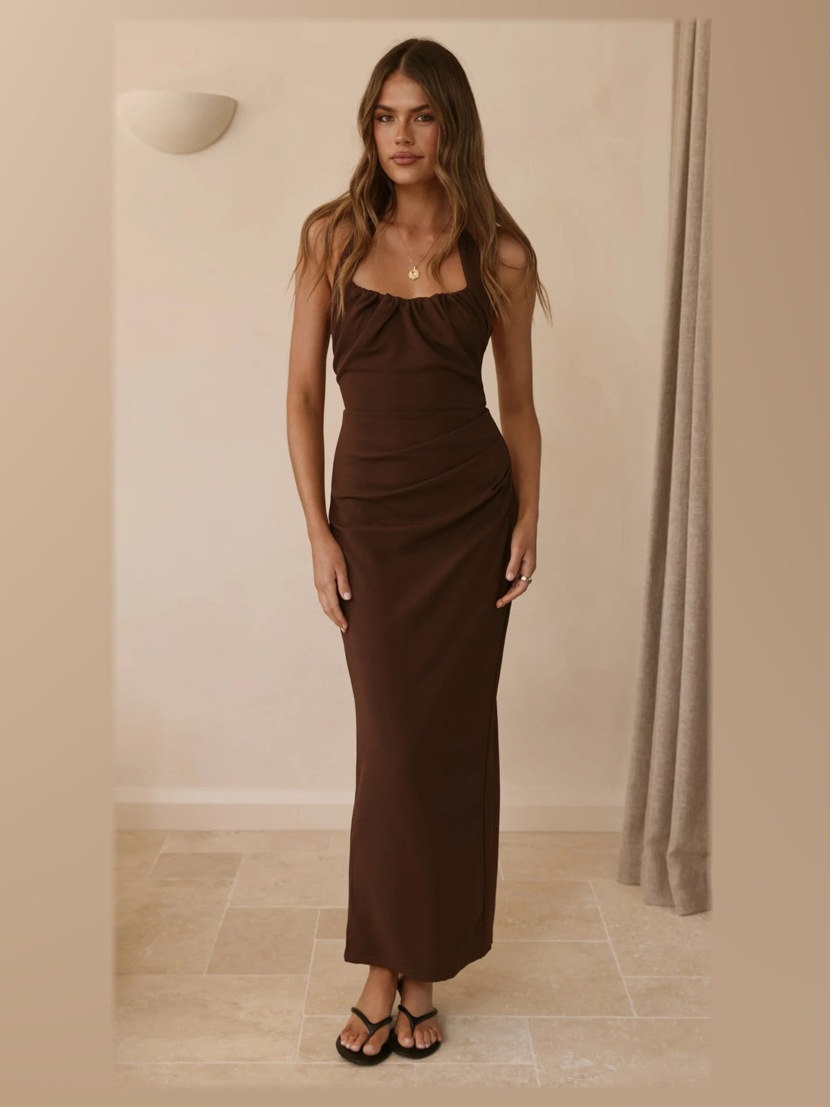 Chocolate maxi formal dress, front full-length view showing the neckline
