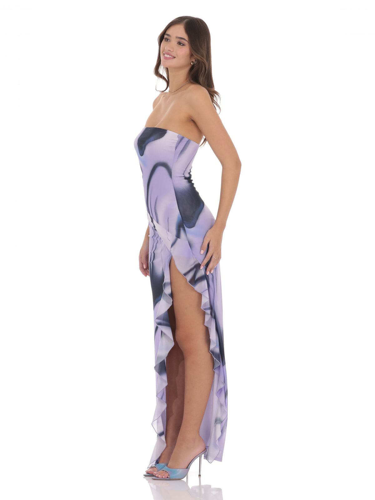 Purple bridesmaid dress with a-line silhouette and maxi length