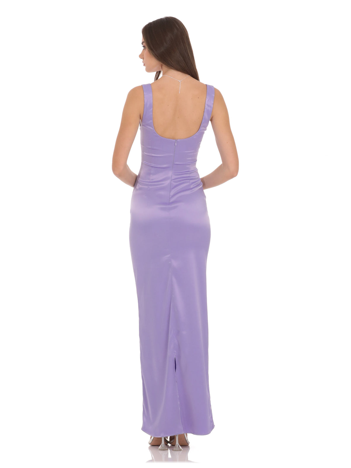 Lilac bridesmaid dress with bodycon silhouette and maxi length