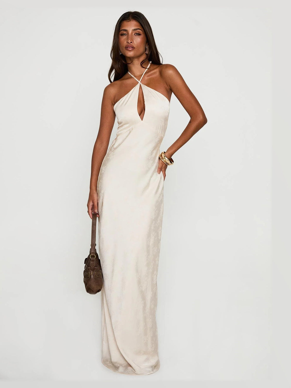 Champagne formal dress with a-line silhouette and maxi length