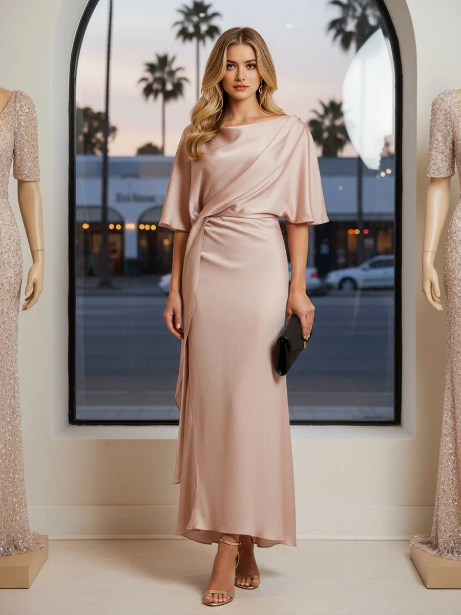 Champagne satin draped boat-neck midi dress with short sleeves and A-line skirt