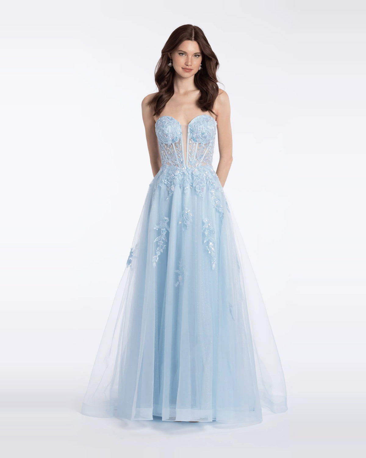 Blue corset sweetheart ball gown with embellished bodice and flowing tiered tulle skirt