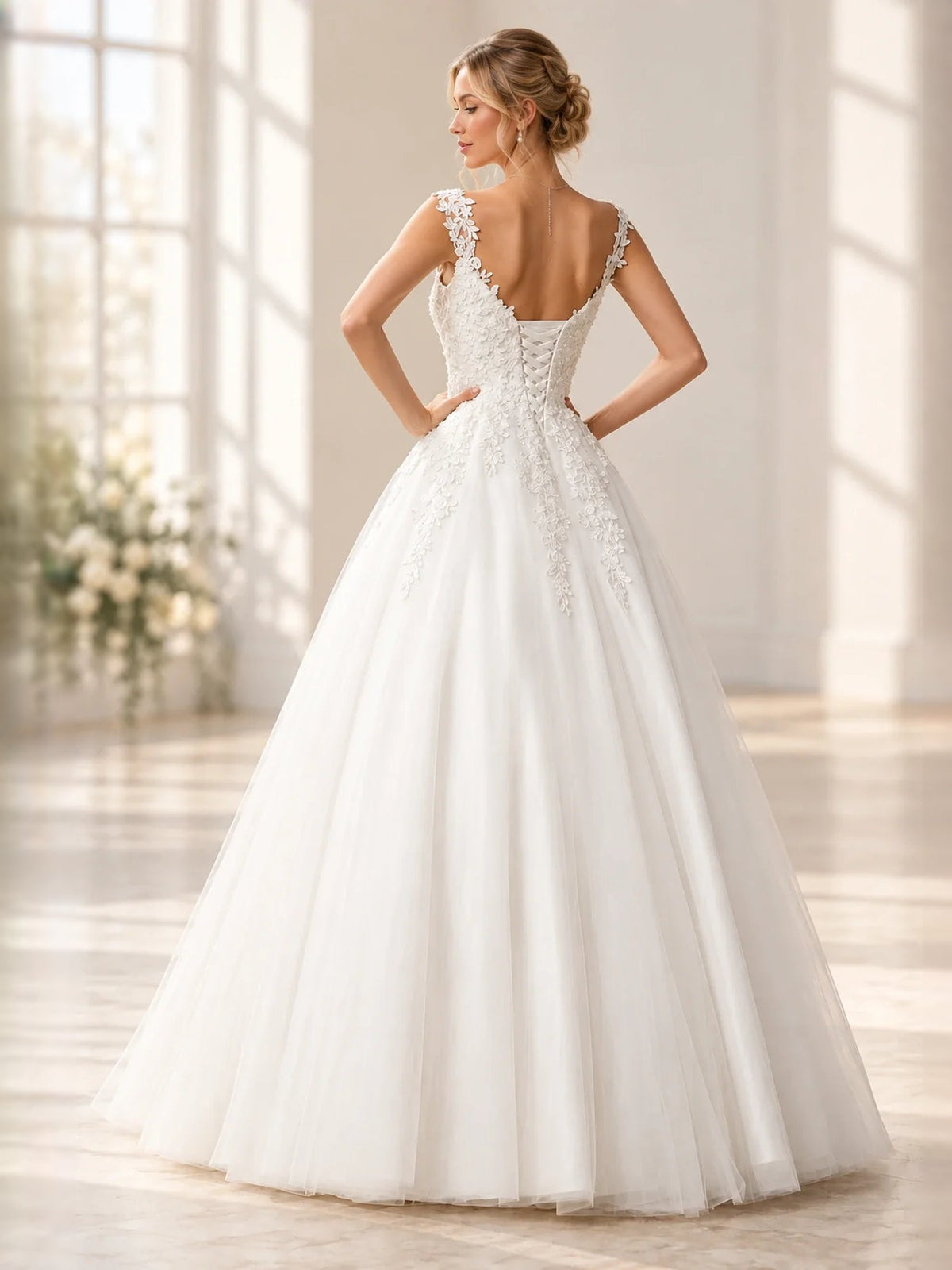 White sweetheart corset A-line wedding dress with floral lace bodice and tulle skirt