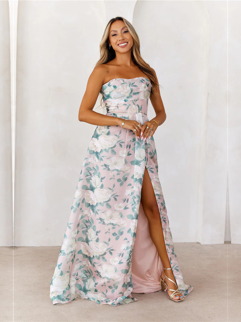 Multi a-line maxi formal dress with strapless neckline, full-length front view