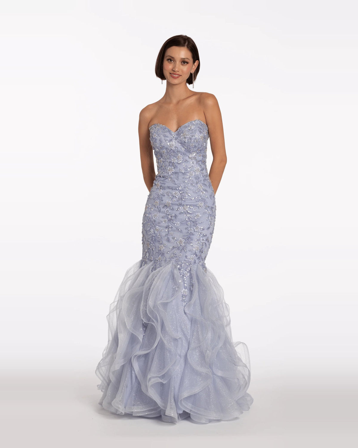 Strapless sweetheart mermaid maxi prom dress, light purple, beaded corset and layered tulle ruffle hem