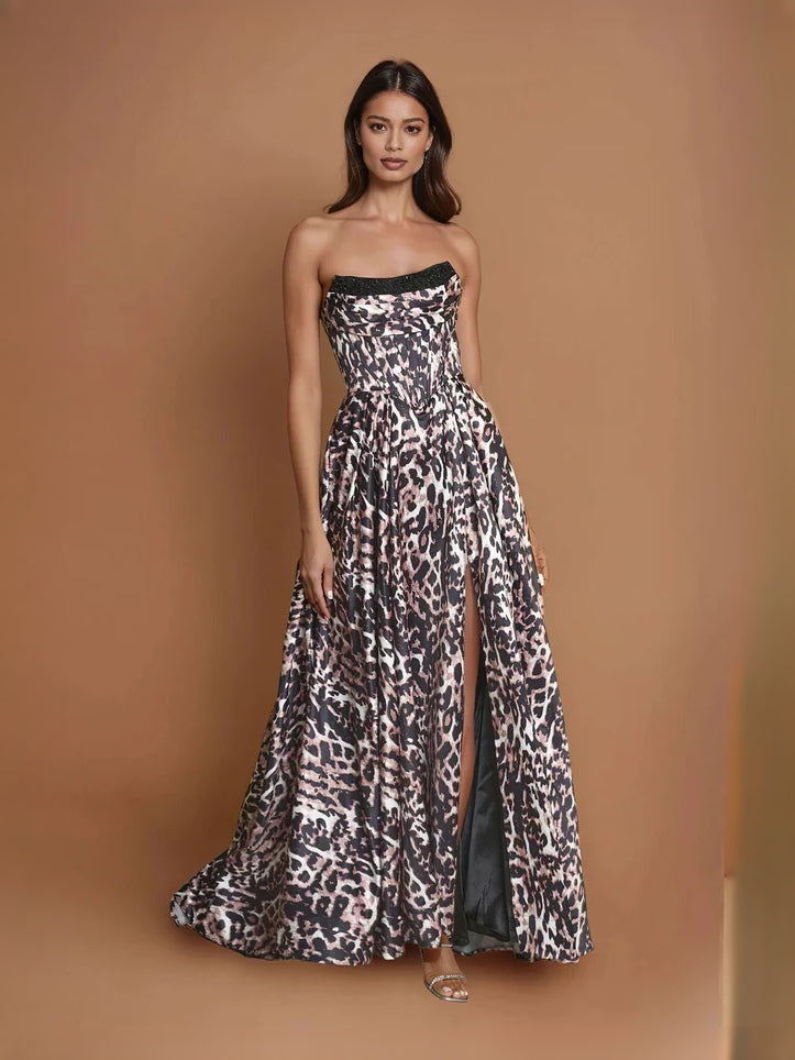 Leopard-print strapless corset A-line prom dress with side slit, floor length